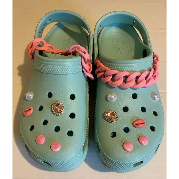 Crocs shoes Platform shoes Crocs Teal w/ charms sz 10 - Picture 1 of 7